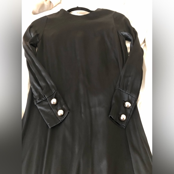 Black satin formal maxi dress with gold buttons and tiered bottom. - Picture 6 of 7